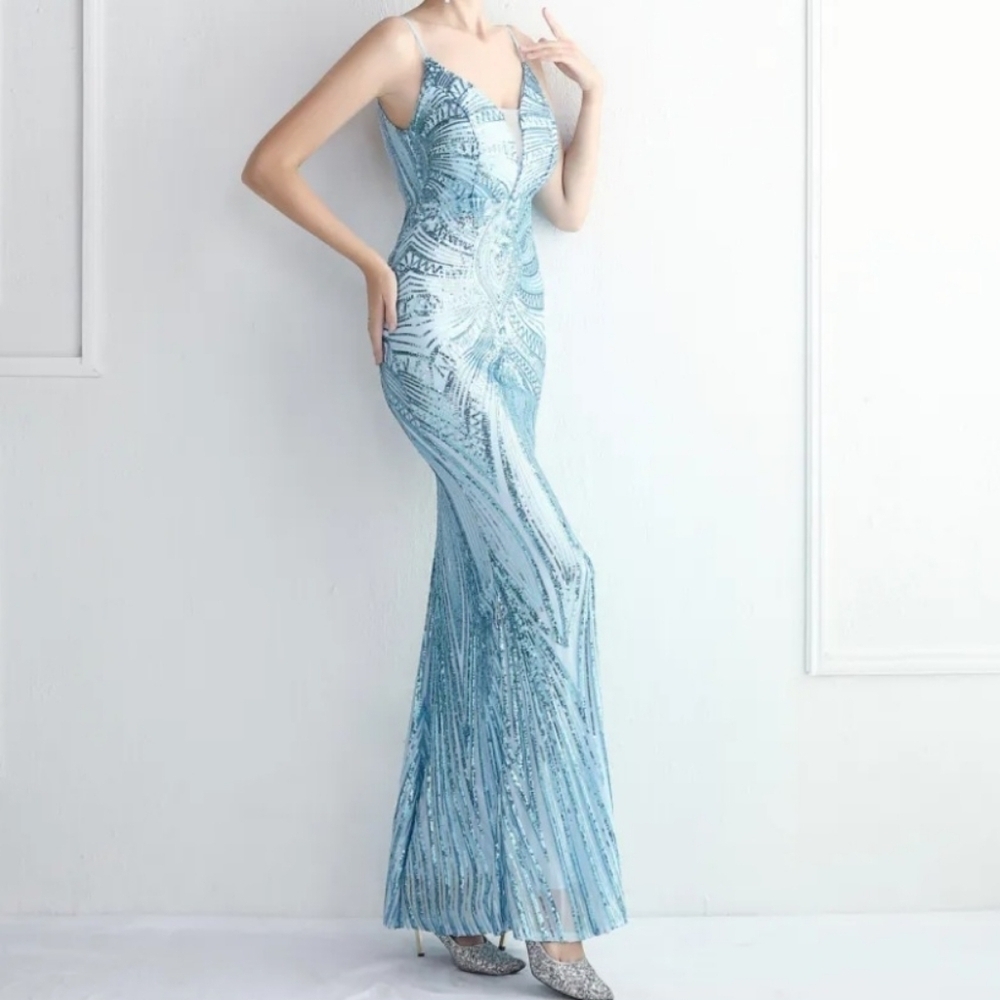 Blue, Geo Print, Sleeveless, Beaded Draped Back,  V Neck, Sequined Merma…
